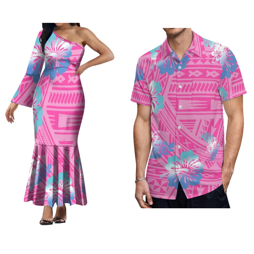 Summer Women's Dress Men's Shirt Custom Polynesian Couple Suit Party Dress Temperament Dress Long-Sleeved One-Shoulder Dress