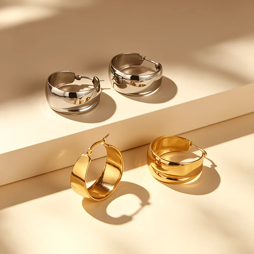 316 Stainless Steel Wide Band Hoop Earrings Gold Silver Tone Chunky Curved Large Circle Earring Luxury Minimalist Daily Jewelry view 3
