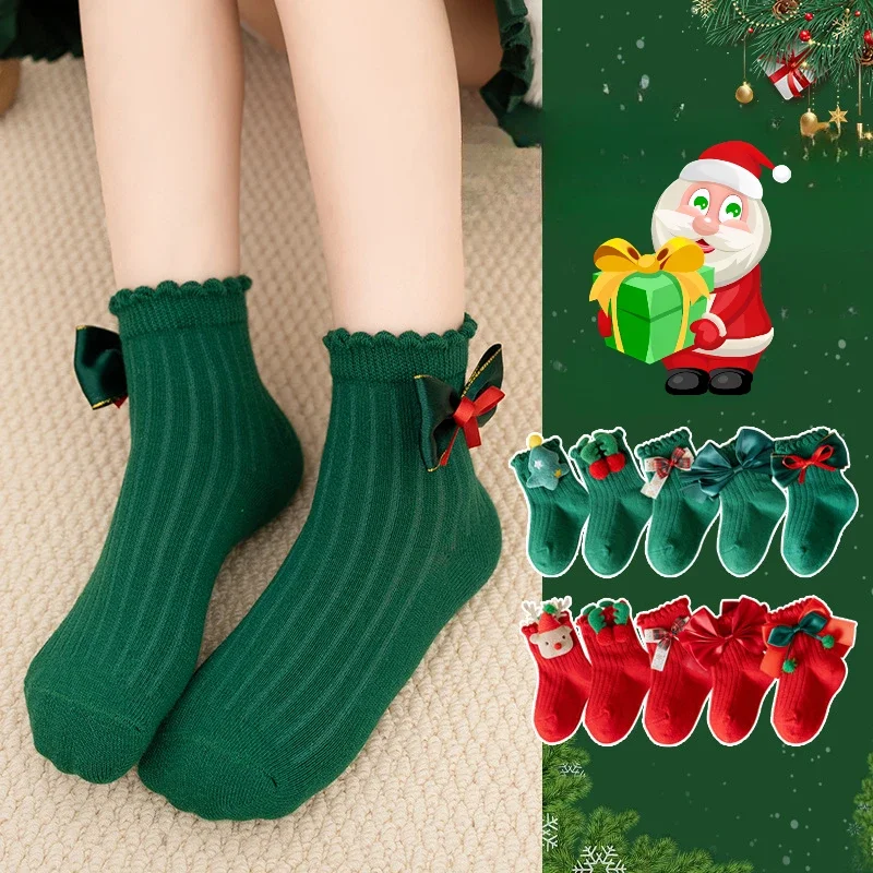 

Children's Christmas Sweet Bow Socks Autumn Winter Girls' Socks Red Cartoon Cute Baby New Year Sock Little Girl Princess Socks