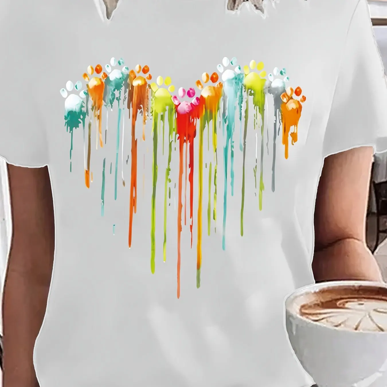 Camiseta de manga corta con cuello redondo, informal y cómoda, con estampado de corazón y huellas de pata pintadas, a la moda, para verano