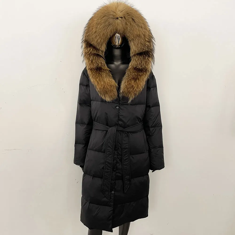 Weiße Ente Unten Mantel Winter Große Natürliche Waschbären Pelz Mit Kapuze Lange Unten Mantel Frauen Parkas Weibliche Mode Dicke Echtpelz Jacken