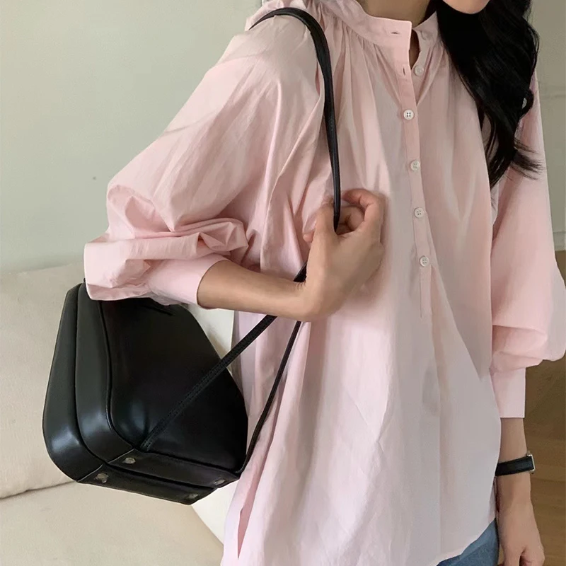 

Chic Spring Casual round Ne Single Button Loose Bubble Sve White irt Top Korean Sle Comfortable Versatile Women's Bl...