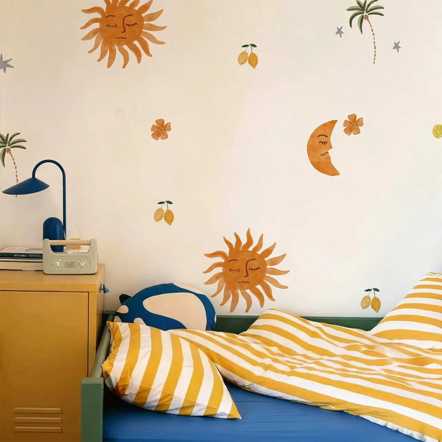Wasserfarben-Sonnen-Mond-Palmen-Wandaufkleber, PVC Selbstklebende Abziehbilder für Kinderzimmer, Schlafzimmer, Spielzimmer, Kinderkrippe, Wanddekoration