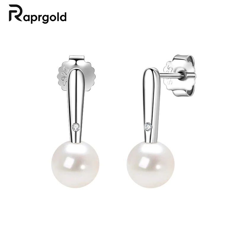 

RAPRGOLD настоящее серебро 925 пробы круглый натуральный пресноводный жемчуг изысканные серьги-гвоздики для женщин ювелирные изделия подарки Pendientes
