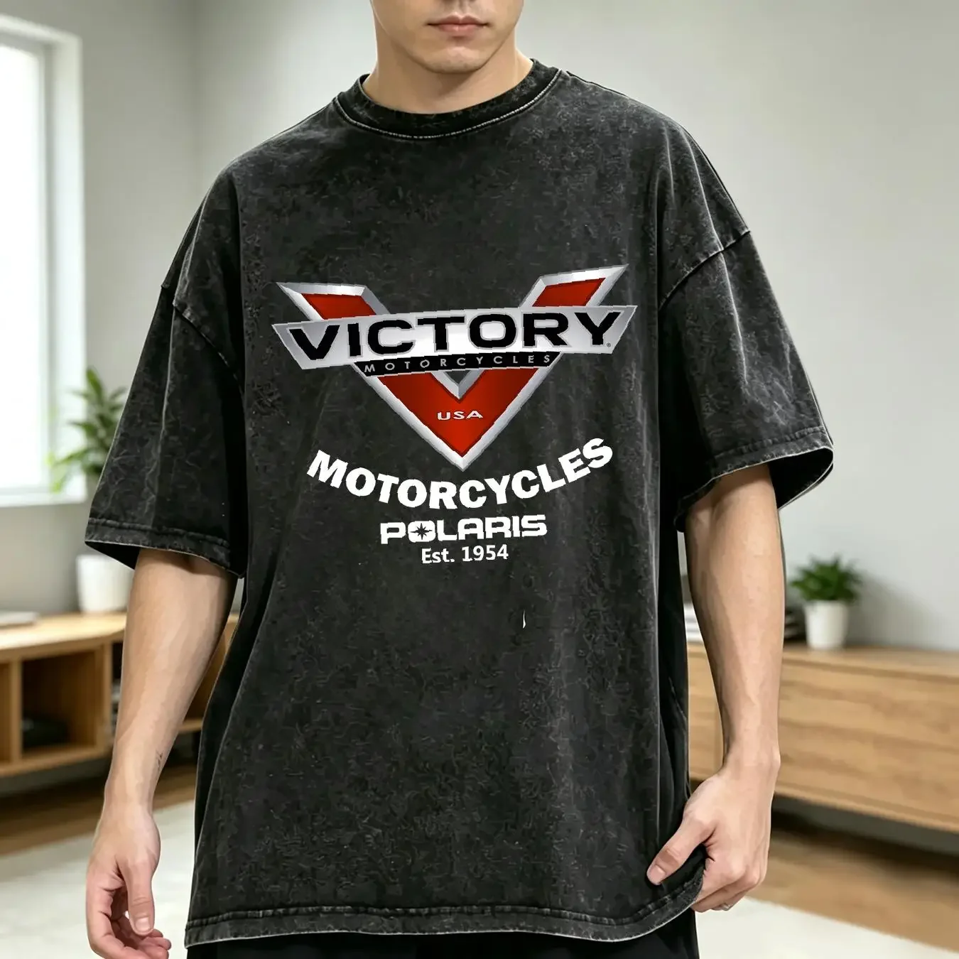 washed T Shirt Victory Motorcycles American Logoo  vintage Washed graphic Breathable Slightly Casual Soft Stylish Stretched