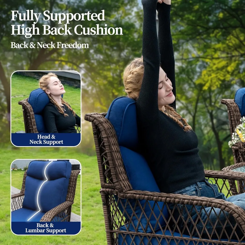 Outdoor Swivel Rocker Chairs 3 Pieces Wicker Swivel Patio Chair with Rattan Side Table, 5" Extra Thick Cushions and 25" Full Sup