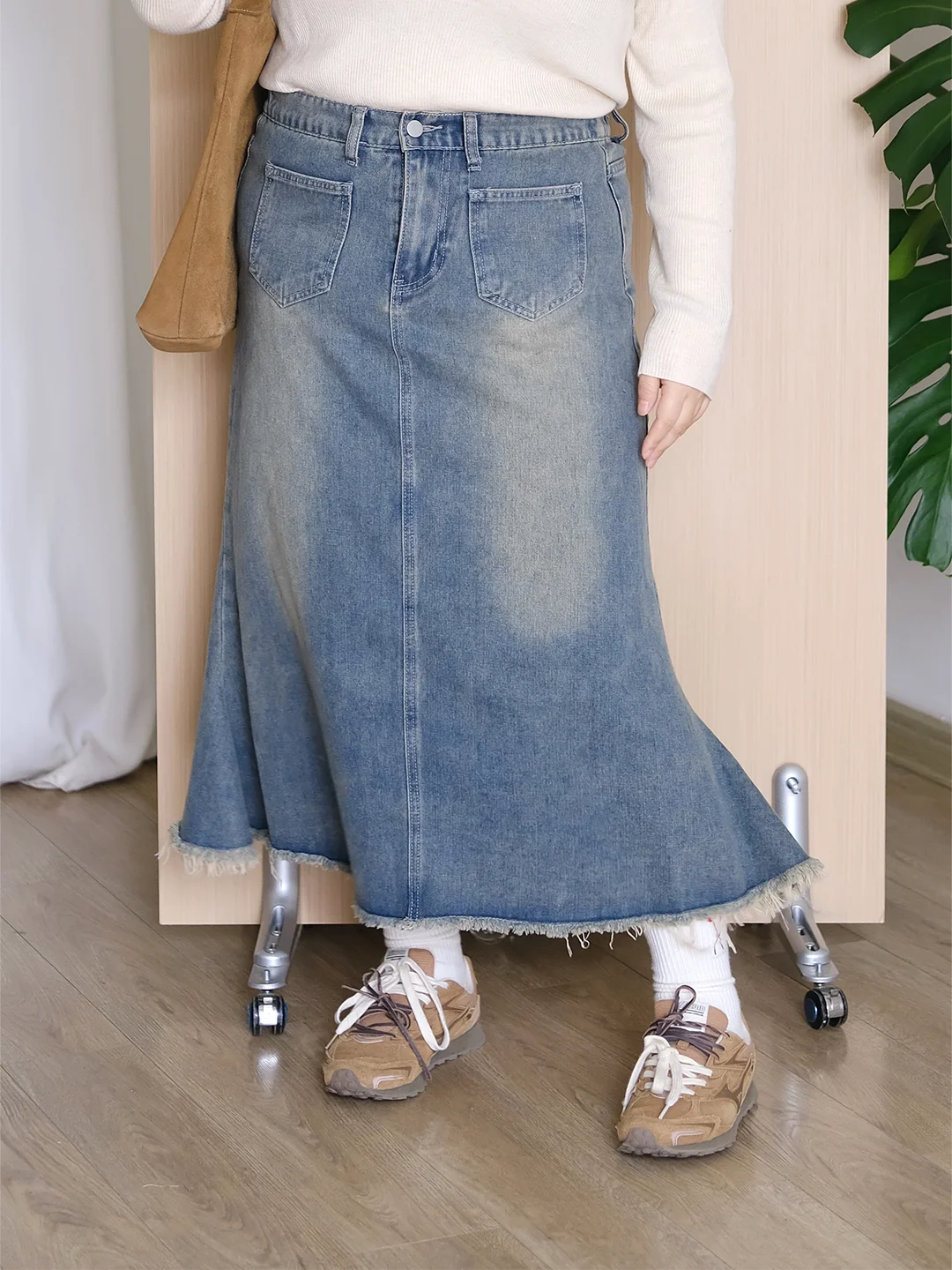 

Zooobaby04 Корейская джинсовая юбка миди с рваным краем, женская, в стиле A-Line, винтажная, с эффектом «рыбий хвост», повседневная, с высокой талией