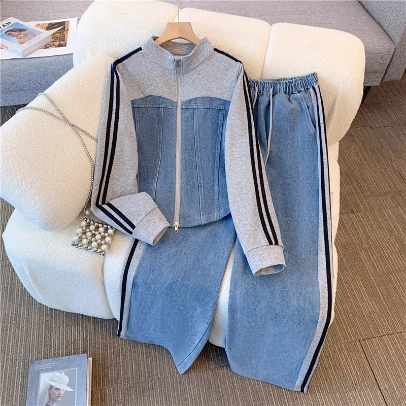 New Fashion Female Trousers Set Autumn Winter Fake Two Pieces Denim Coat Wide Leg Pants Two-Piece Women\'s Casual Sports Sets