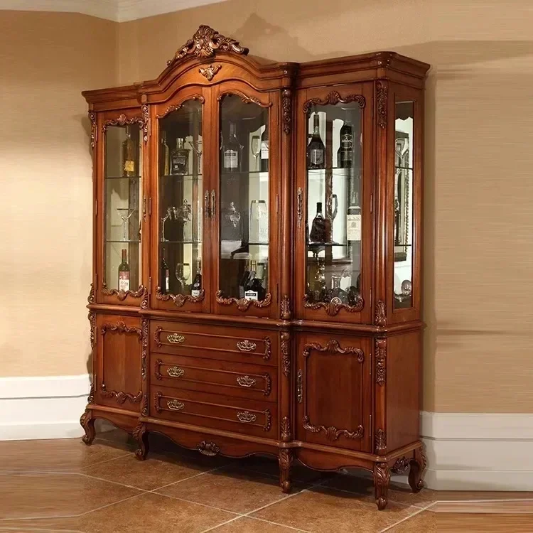 

cqyEuropean Luxury Four-Door Retro Glass Wine Cabinet Classical Distressed Display Cabinet