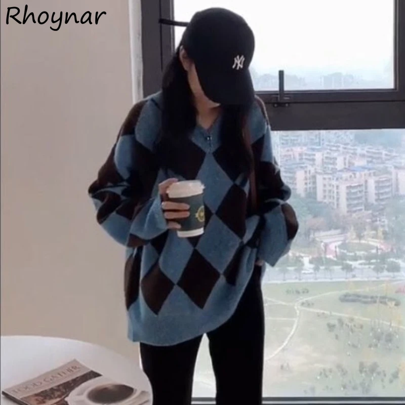 

V-neck Argyle Sweater Pullovers Women Harajuku Vintage Korean Cozy Baggy Fashion Pull Femme Gentle Streetwear Knitwear Ins Teens