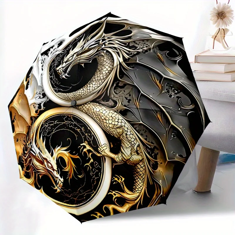 

1pc Dragon Yin Yang Symbol Automatic Folding Umbrella - 8-Rib Iron Frame, Windproof, Portable Sunshade with Plastic Handle for