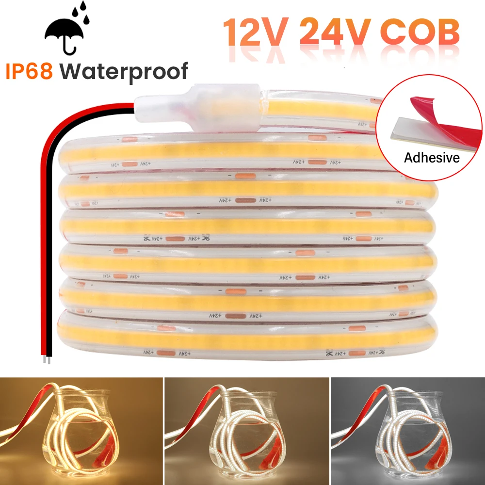 IP68 Waterproof COB LED Strip Light 12V 24V 320 LEDs/M High Brightness Ra90 Flexible Tape LED Ribbon for Bedroom Garden Lighting