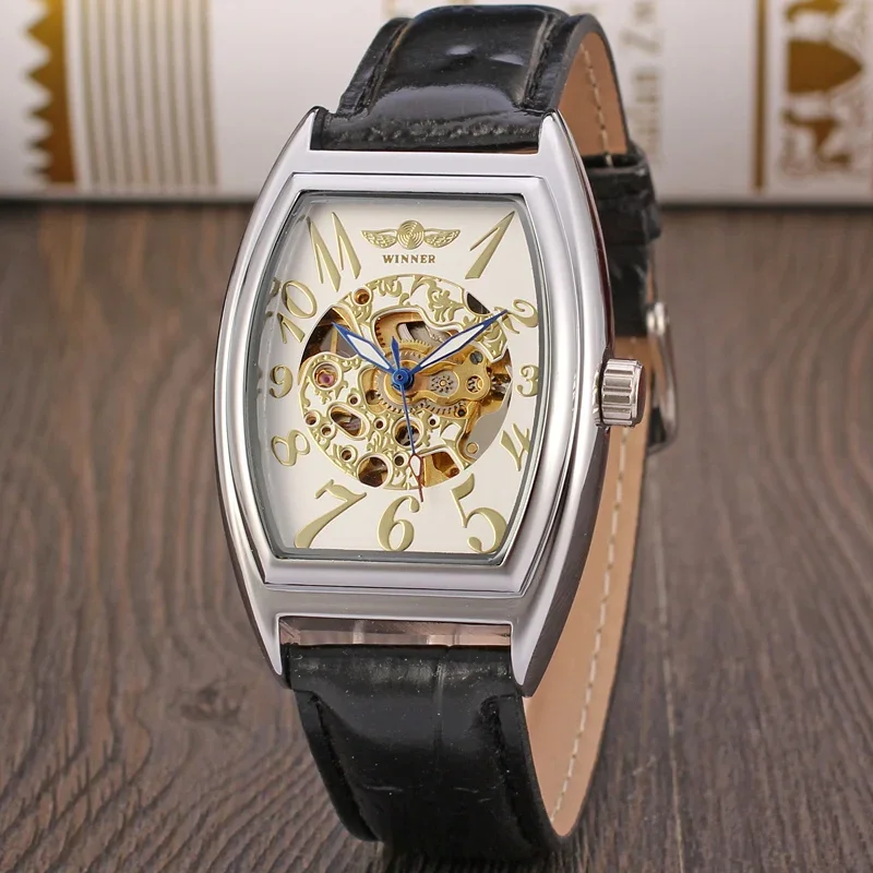 

winner Mechanical Watch Square hollow bottom Watch Black mechanical movement Watch Digital display watch