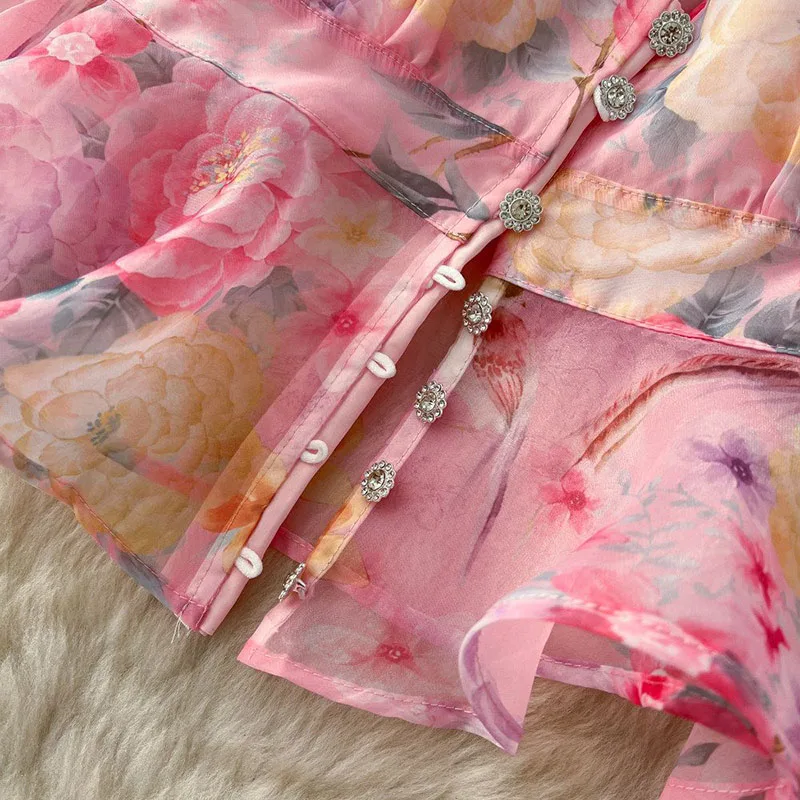 Floral Chiffon Diamonds Holiday Set Women French Style Top+A-line Skirt 2026 Spring Fairycore Flowy Vacation 2Pcs Sets