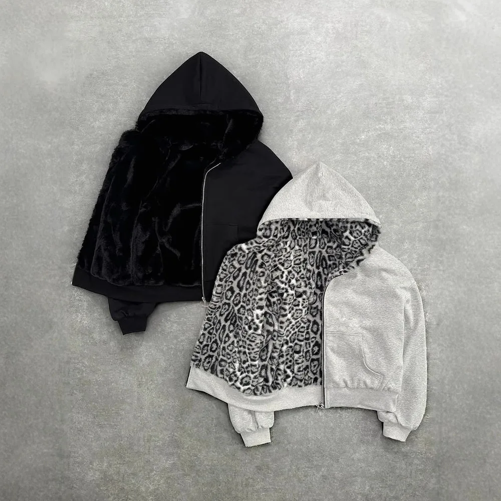 

Retro Leopard Print Stylish Loose Zipper Hoodie Y2K Fashion Double-sided Wearable Men's Street Casual Sweatshirt Women's Top