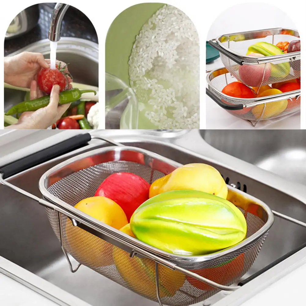 

Expandable Stainless Steel Retractable Drain Basket With Fine Mesh, Oval Colander Sink Vegetables Draining Rack Fruit Basket