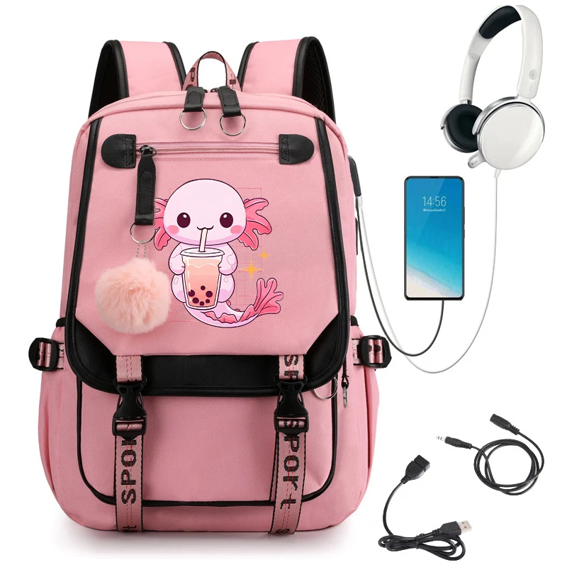 Girls Backpack Cartoon Kawaii Axolotl Mermaid Cute School Bags for Student Teens Pockets Women Laptop Backpack Harajuku Bag