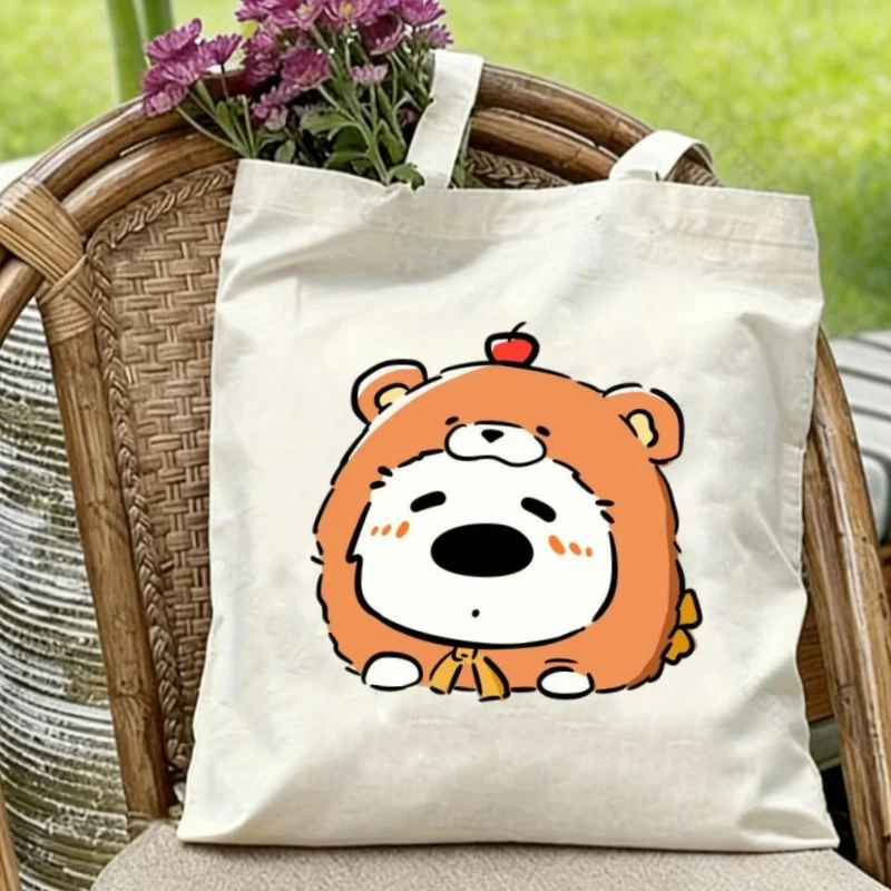 Double-Sided Printed Cute Bear Dog Canvas Tote Bag, Large Capacity Casual Shoulder Bag for Women
