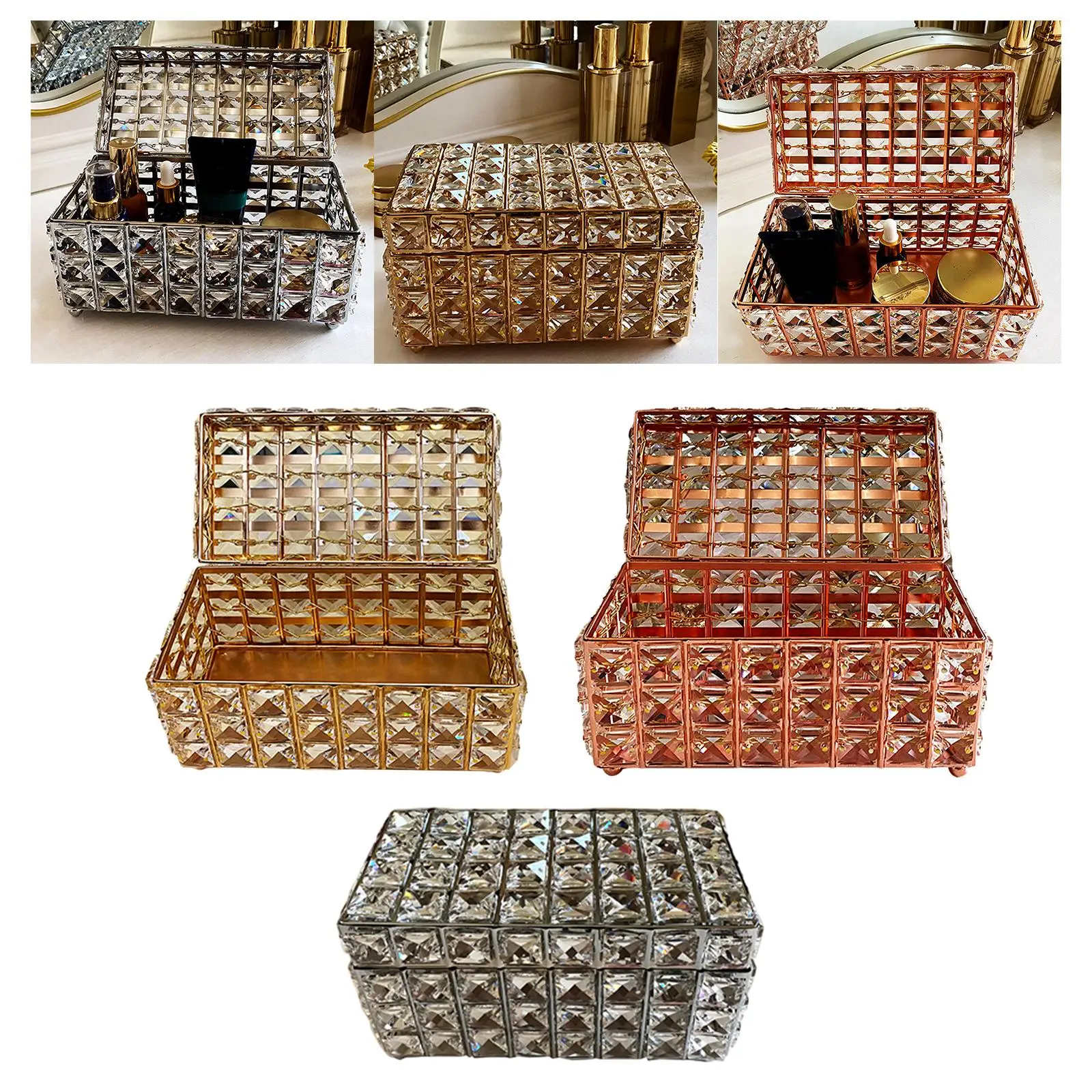 Crystal Jewelry Box Rectangle Trinket Organizer for Rings Toiletries Watches