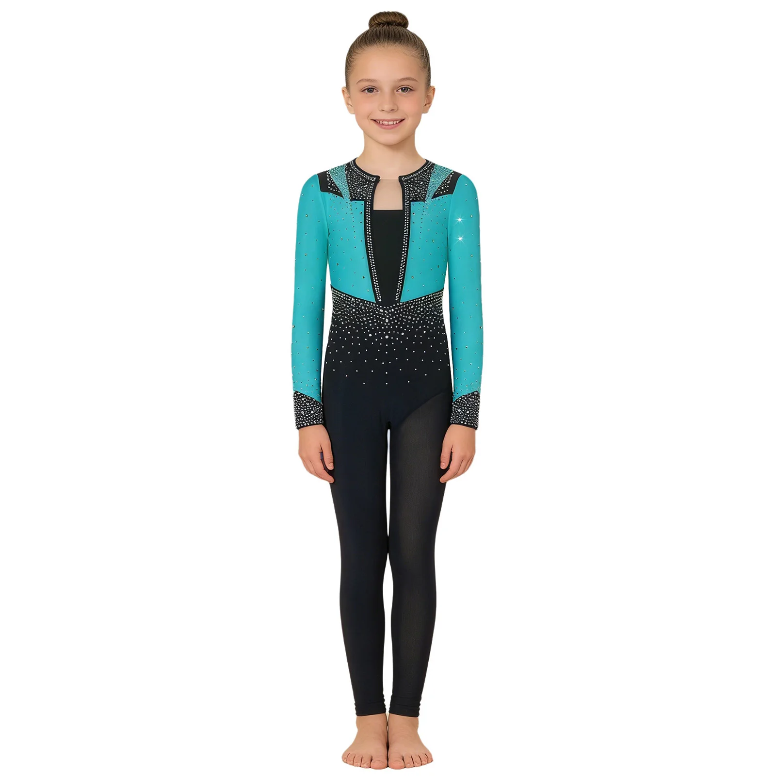 Girls Gymnastics Leotard Sparkly Rhinestones Ballet Dance Figure Skating Acrobatics Costume Long Sleeve Color Block Jumpsuit