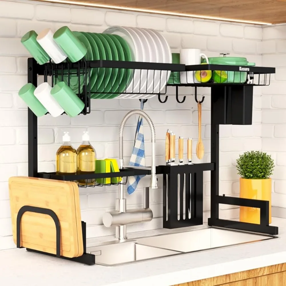 Dish Drying Rack Adjustable Sink Drying Rack for Kitchen Sink with Large Capacity, 2-Tier Dish Rack Over Sink QUICK DRAINAGE