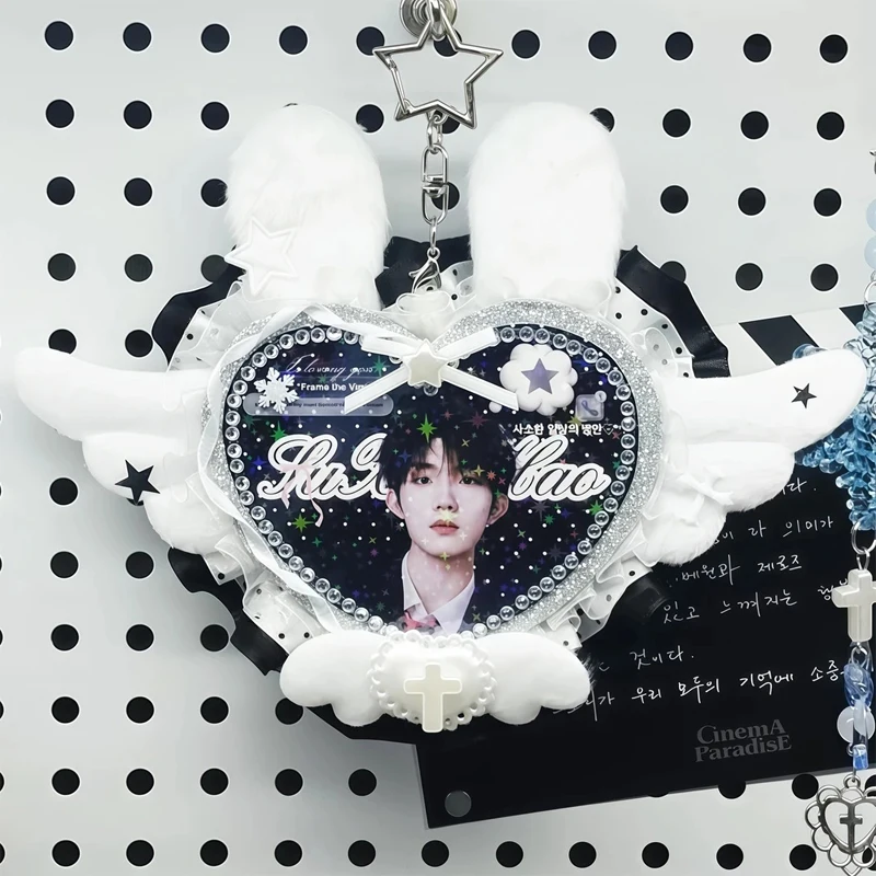 Big Angel Wings Black White Keychain Cute Plush Bunny Ears Idol Bag Charm Handmade Custom Backpack Pendant Idol Fan Merch