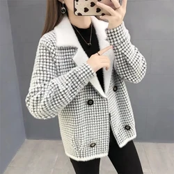 2023giacca cardigan da donna autunno risvolto finto visone check giacca in maglia doppiopetto top corto da donna