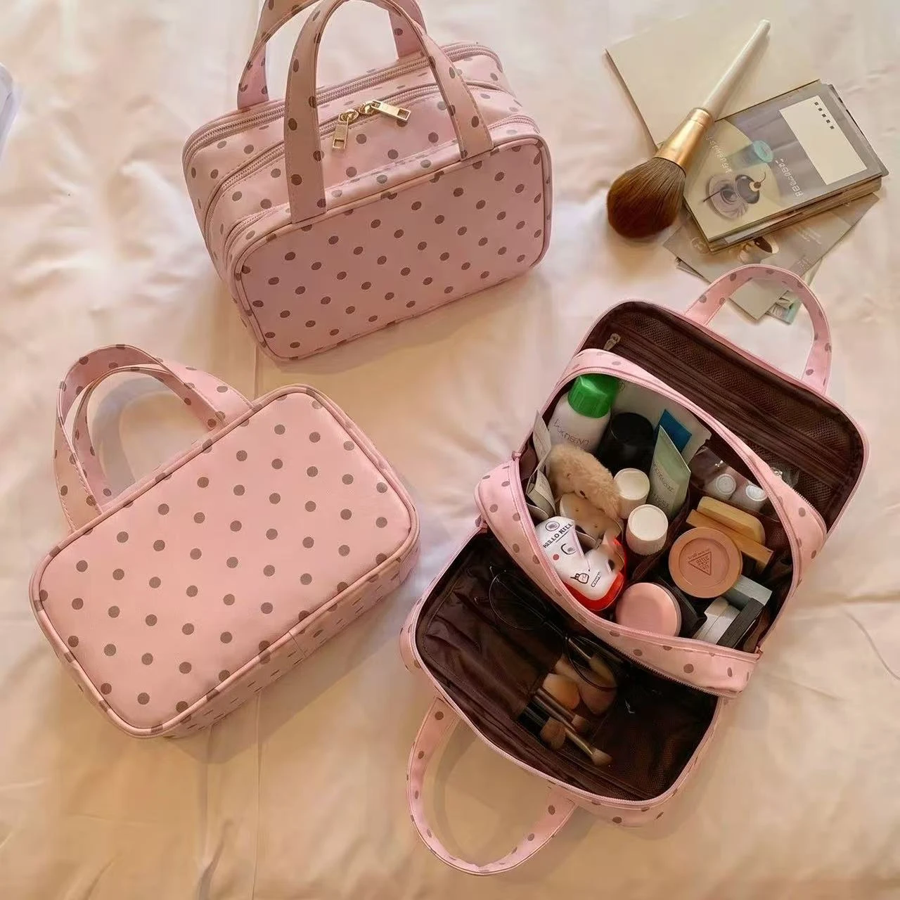 Korean-style Mint Coffee Polka Dot Makeup Bag Three-Layer Large Capacity Organizer Travel Toiletry Bag Can Hang on Luggage Gift