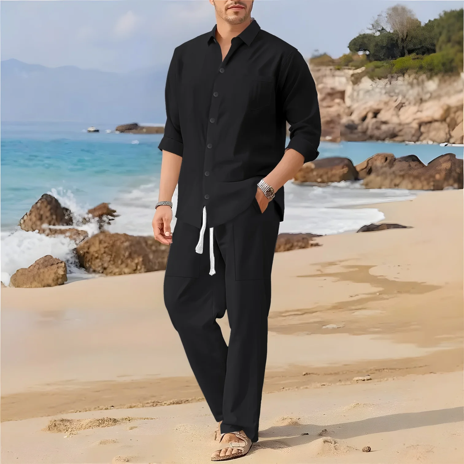 New men's retro cotton and linen casual suit with a collar, stylish pocket shirt, paired with drawstring pants and sports outfit