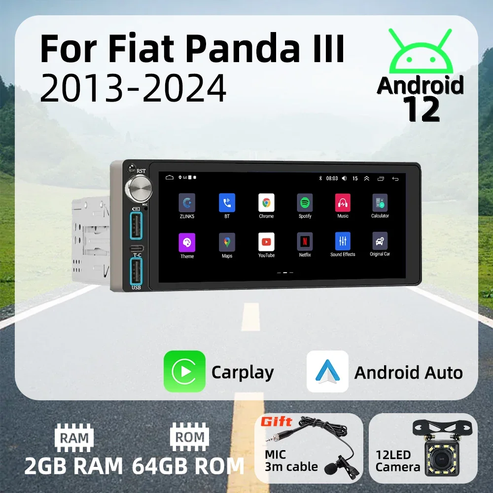 

Беспроводное авторадио Carplay 6,86 "1 Din радио Android автомобильный мультимедиа для Fiat Panda III 2013-2024 стерео головное устройство GPS-навигация