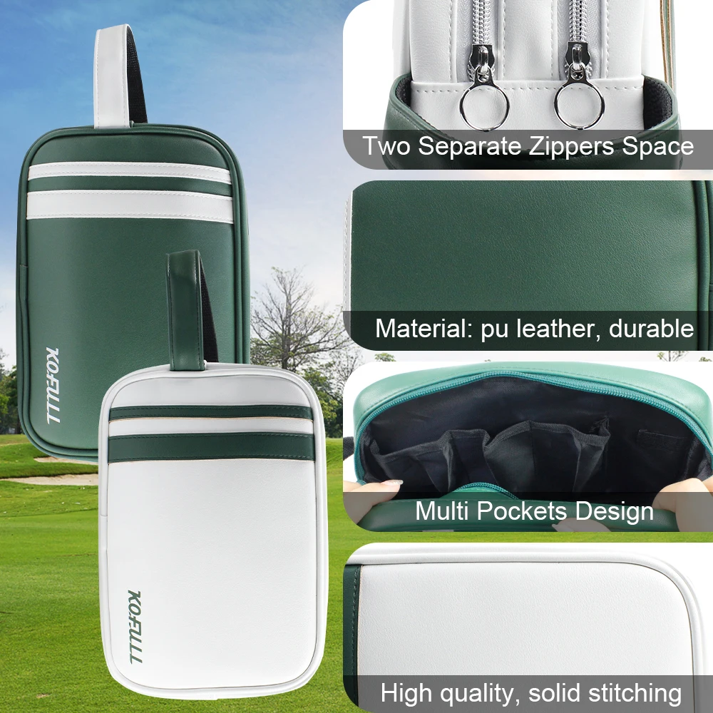 Double Zipper Leather Golf Ball Storage Bag Portable Golf Pouch Handbag Used for Phone & Ball & Tees & Other Belongings 2 Colors