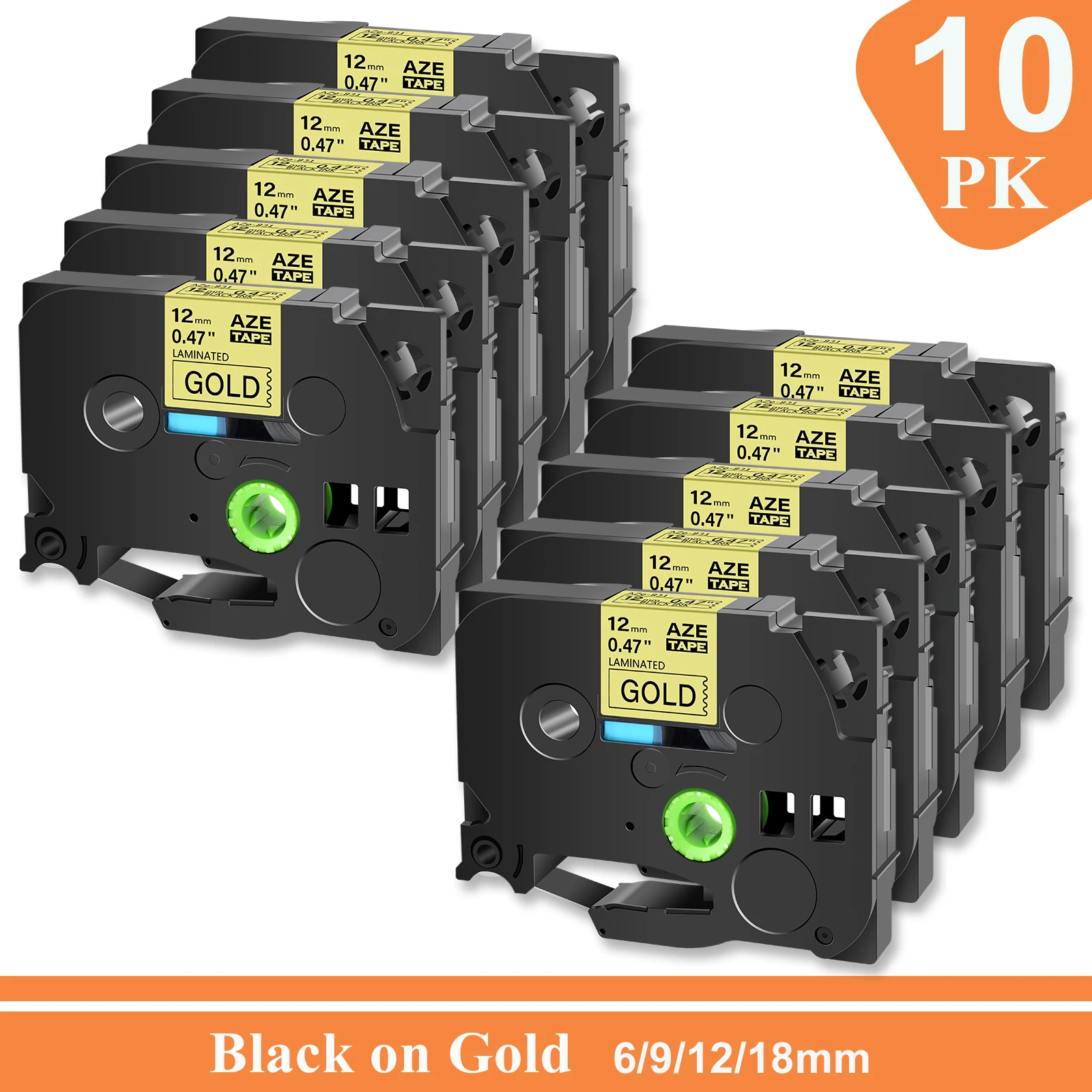 

10PK Black on Gold Label Tape Compatible for Brother TZ TZe 831 P-Touch Label Printers 6/9/12/18mm Standard Laminated Label Tape