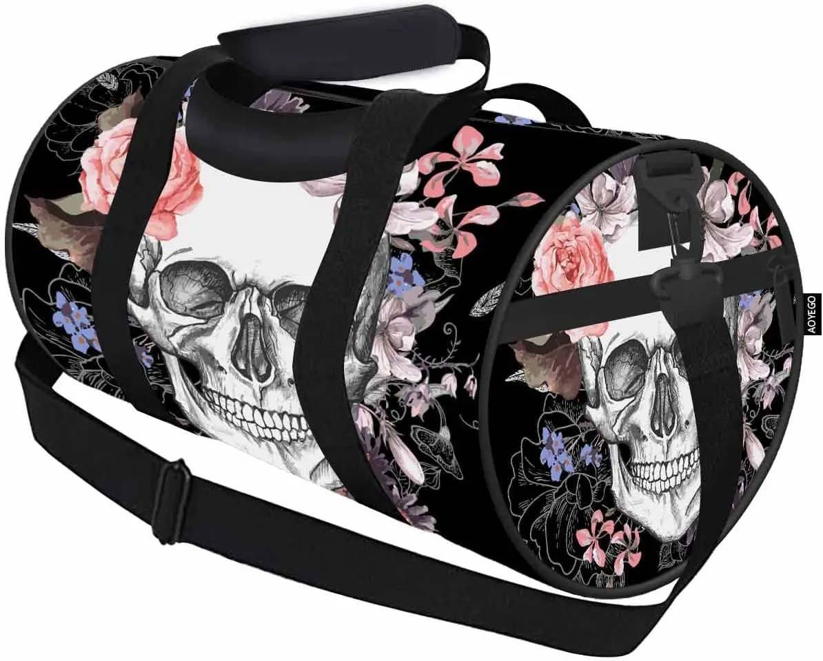 

Skull Flowers Sports Duffle Bag Vintage Day of The Dead Men Women Weekender Bag for Traveling Tote Gym Bag Shoulder Bag