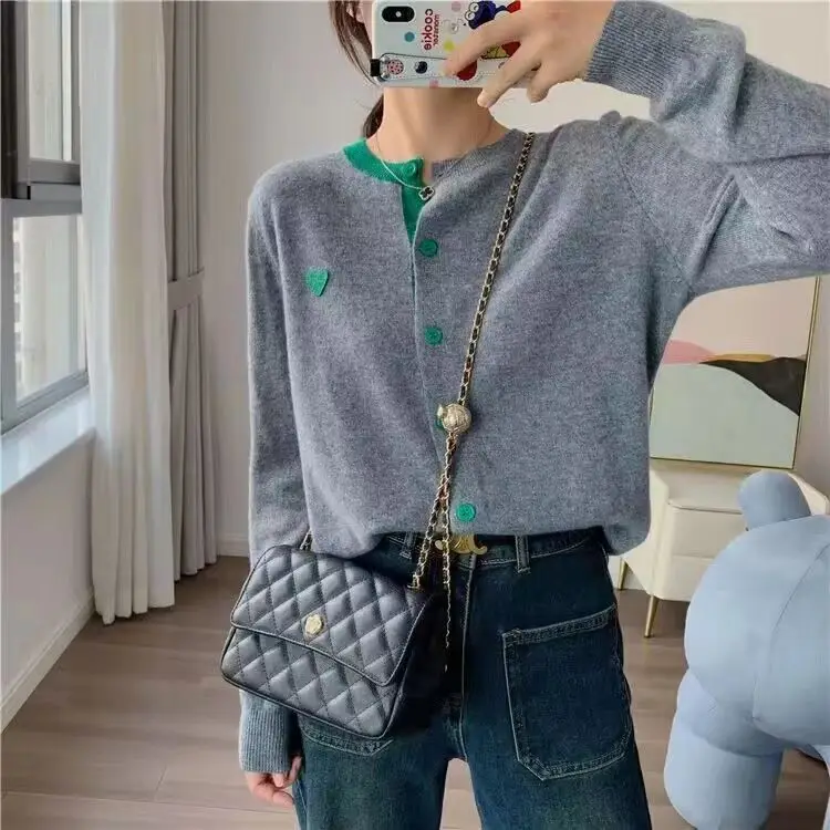 Automne nouveau tricot Patchwork à manches longues hauts pour femme col rond mode coréenne tricoté manteau ample Cardigan pull manteau veste