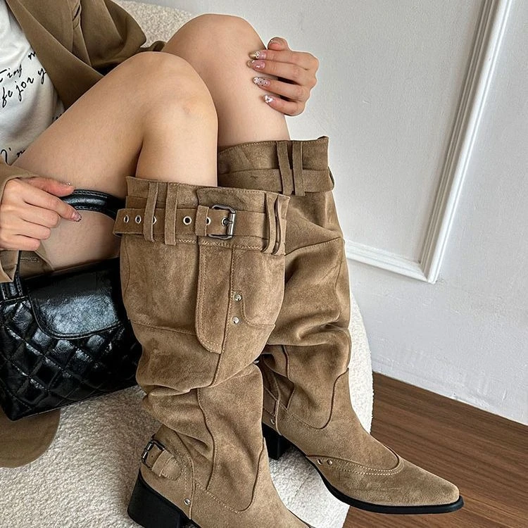 New Wrapped Single Boots for Women Spring Summer Pointed Toe Studded Metal Buckle Side Zipper No Knee Block Heel Boots