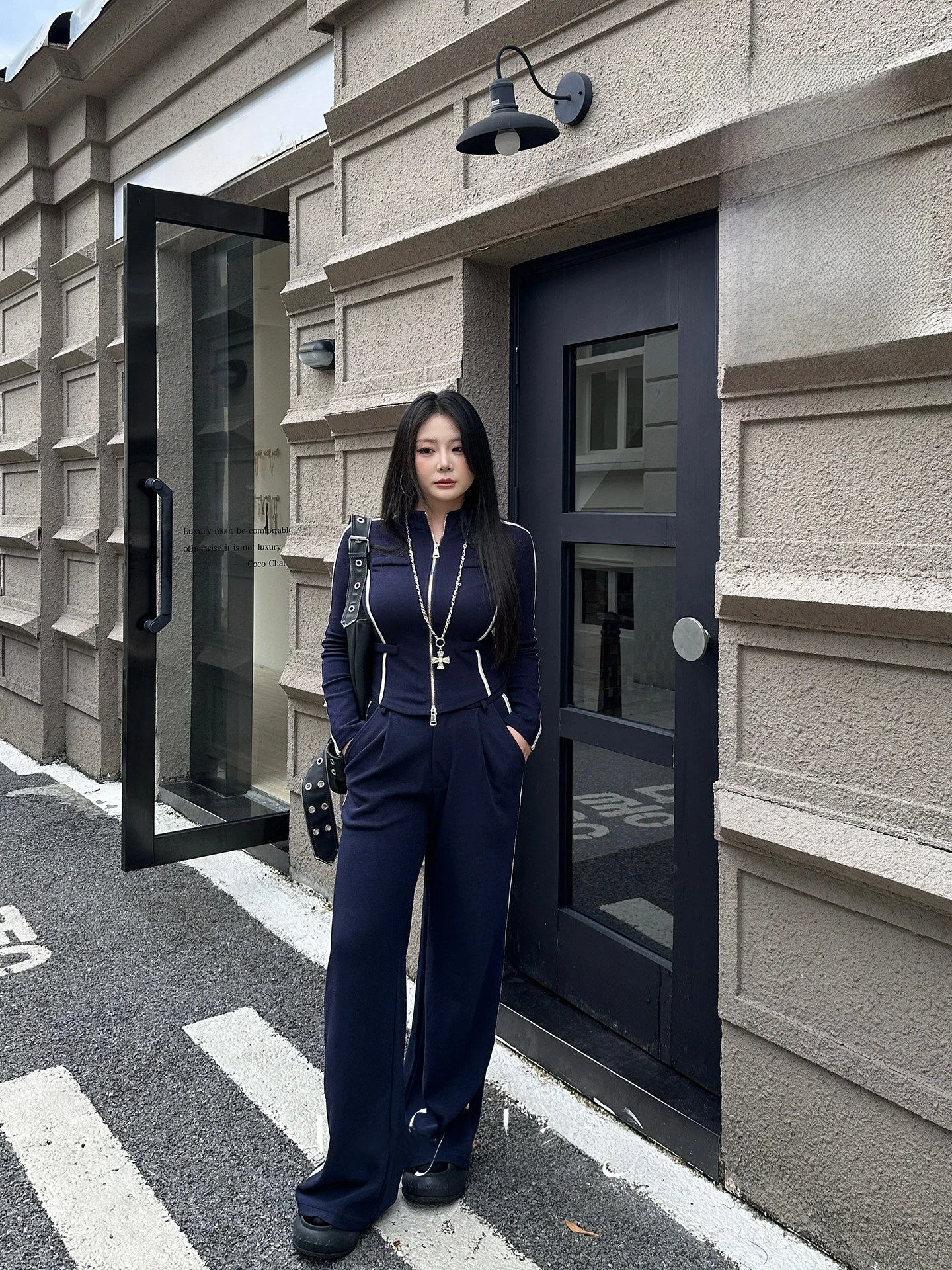 

Early Autumn Sport Sle Slimming Double Zipper Color Blo Casual Set for plus Size Women Retro Film Memory Pattern