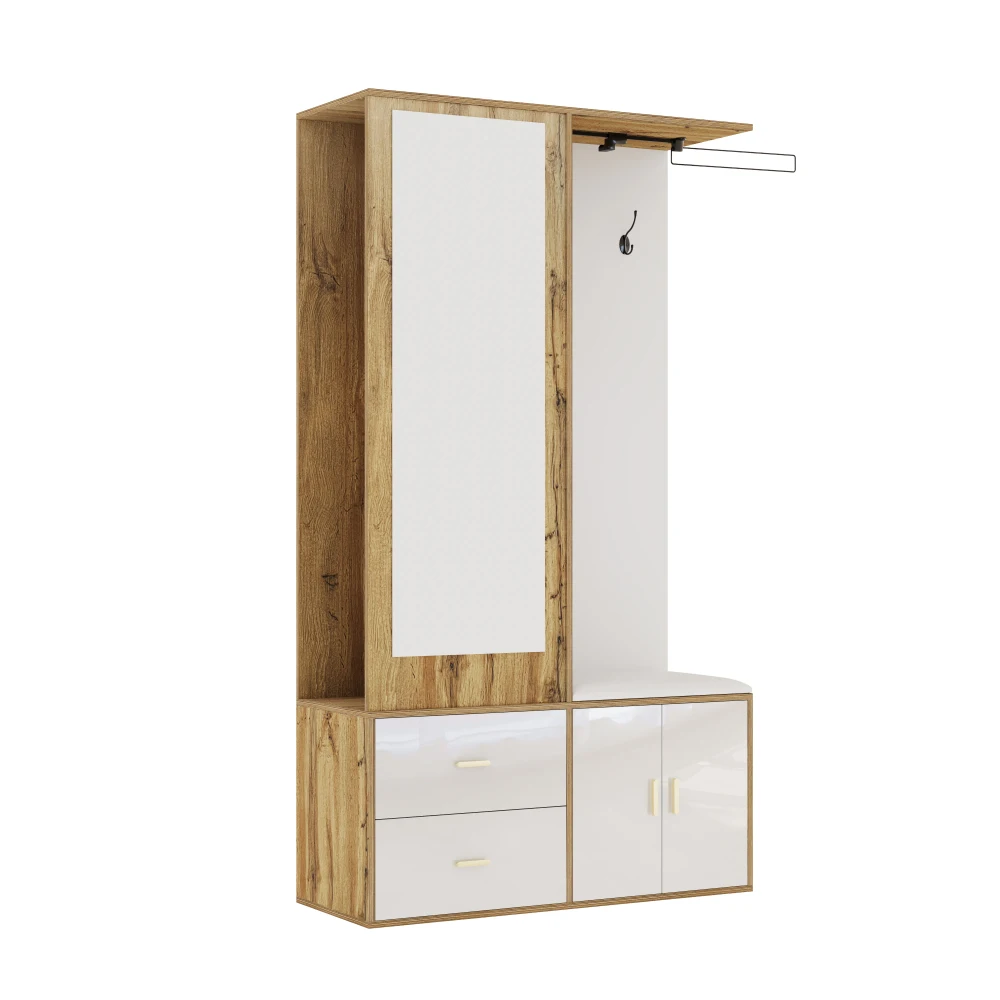 PINGGO Edles Garderoben-Set mit Spiegel, Schuhschrank, Schuhbank mit Haken, ausziehbarer Kleiderstange in Weiß und Holzfarben – Detail 18