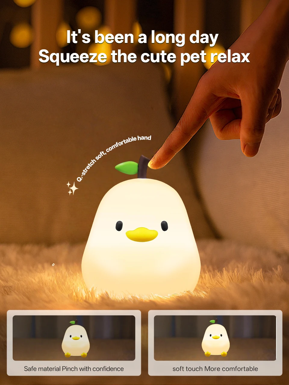 KFV Cute Pear Night Light 7-Color Dimmable Touch-Controlled Night Light Silicone Stress Reducing Pat Duck Lamp USB Rechargeable