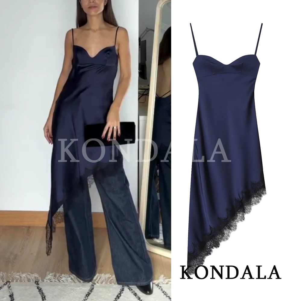 Kondala elegante assimétrico cetim suspender vestido feminino chique renda hem vestido curto 2026 primavera moda feriados festa cami vestido