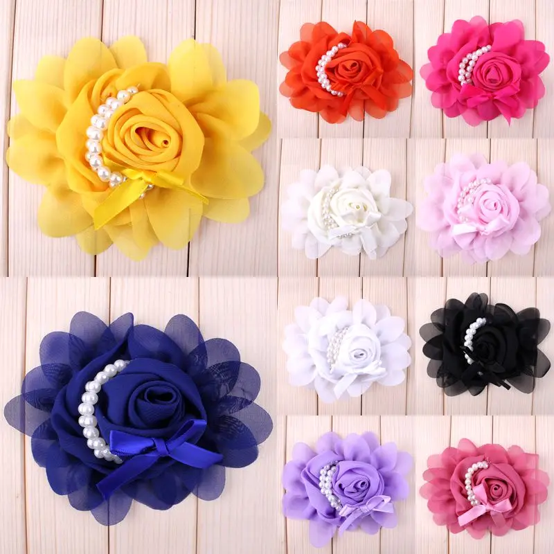 

(120pcs/lot) 10 Colors Chic Chiffon Rose Pearl Flower Accessory For Children Blossom Scalloped Candy Color Flower For Headband