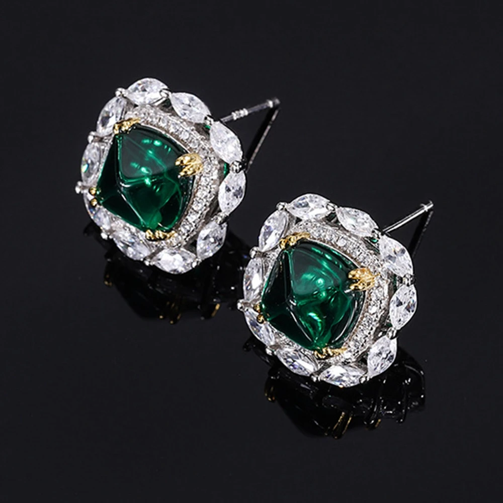 KQDANCE Women Lab Gemstone Diamond Red Green Stone Sugar-loaf Cut Emerald Ruby Stud Earrings 925 sterling Silver Fine Jewelry