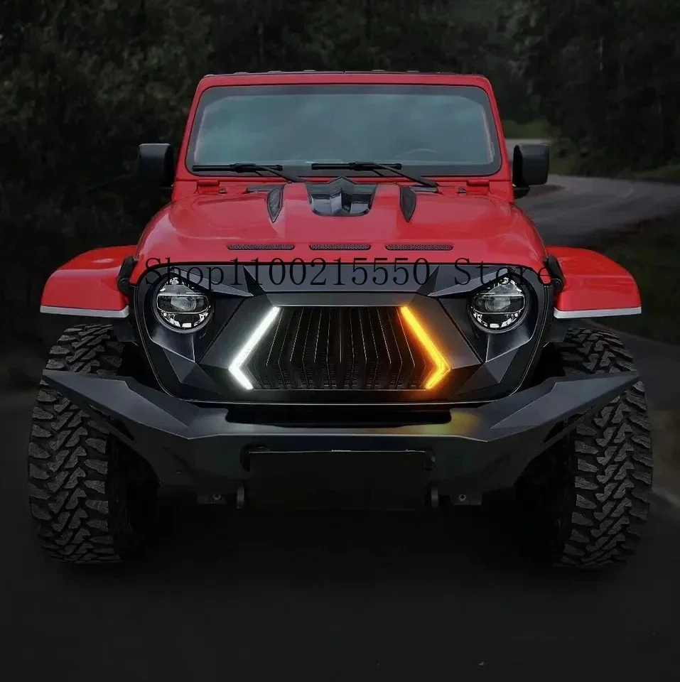 Off-road Car Radiator Grille With LED Turning Signal Light Bumper Upper Mesh Cover Racing Grills For Jeep Wrangler  JL 2018-2023