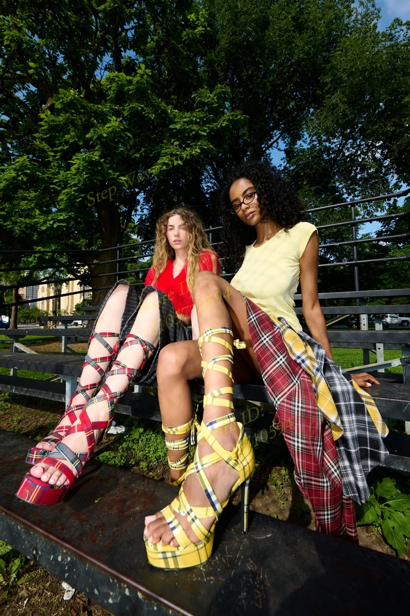 Yellowplaid Wrap Round Stiletto Platform Sandals Open Toe Lace Up 2026 New Arrivals Fashion Dress Shoes Thin High Heel