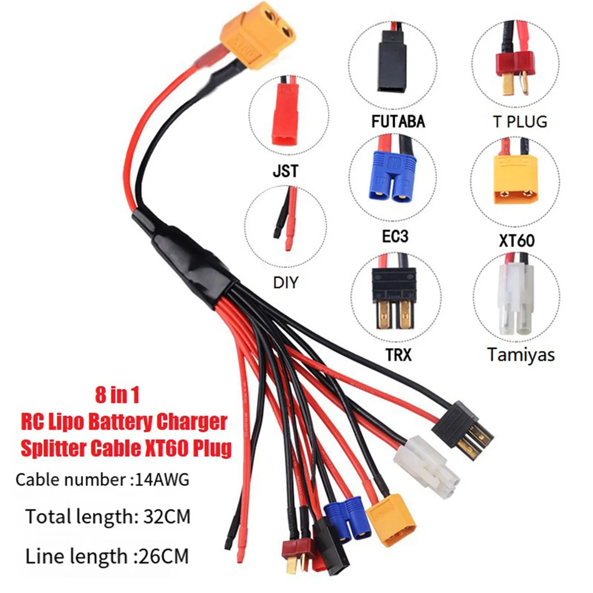 Eight in One RC Lipo Battery Charger Splitter Cable Adapter Connector XT60 Plug to JST T Plug XT60 EC3 Futabas