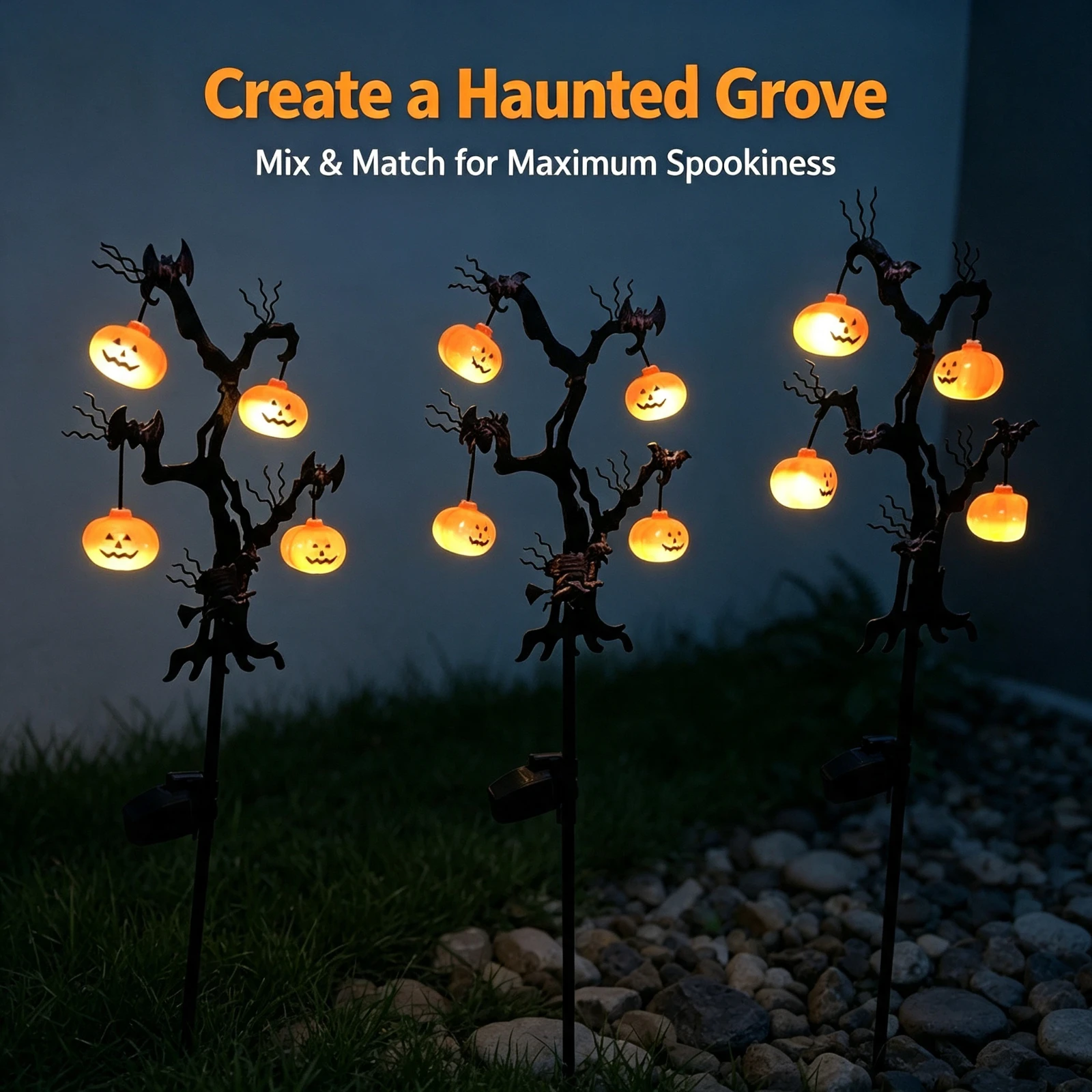 1pcs Solar LED Halloween Pumpkin Tree, Light Outdoor Garden Yard Decor Waterproof Iron Bat Branch Lamp Party Atmosphere Ornament