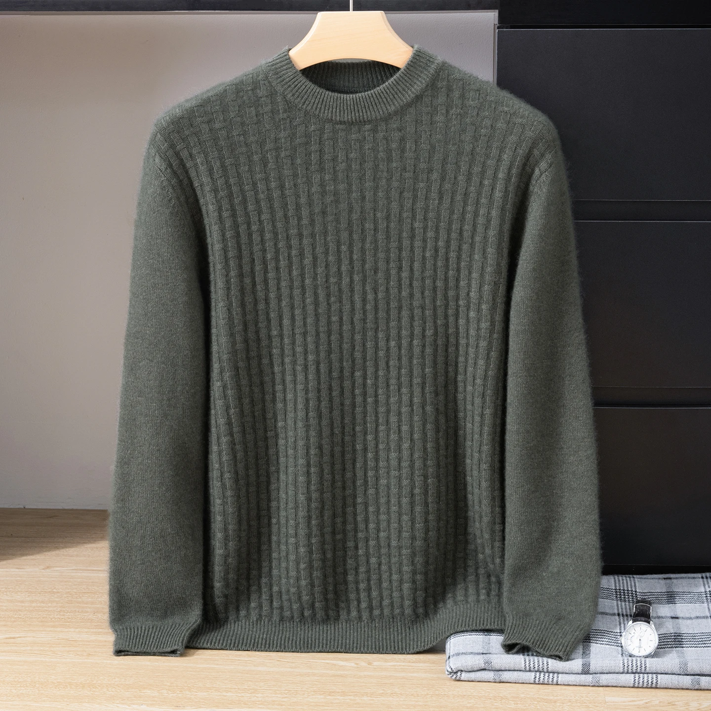 Men's Autumn Winter Thick Warm Cashmere Sweater 100% Pure Cashmere Knitted Half High Collar Cross Pattern Chest Men's Clothing