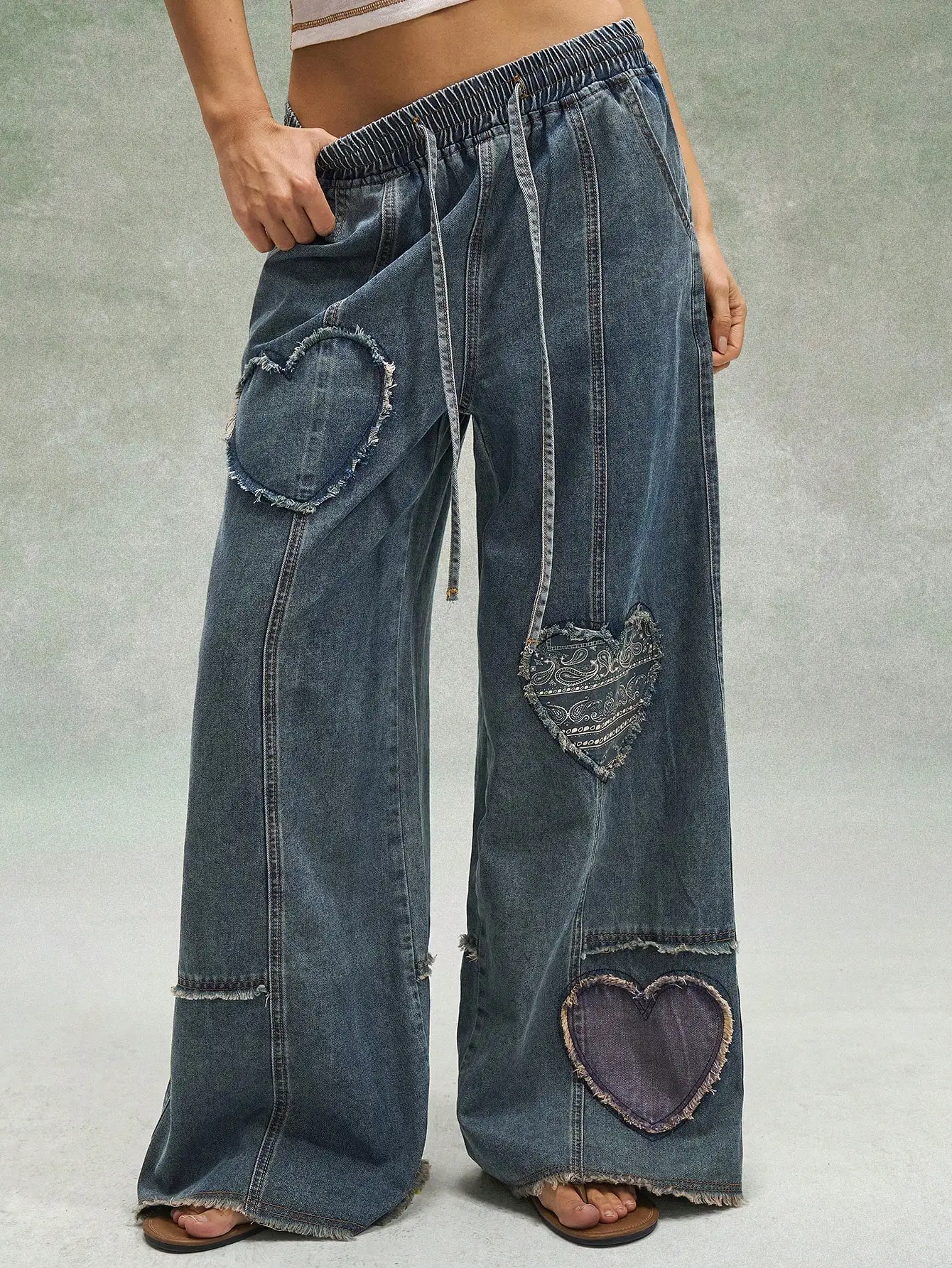 Woven Denim Love Pattern Patchwork Low-Waist Loose Wide-Leg Women's Jeans Valentine's Day Autumn Gameday College Office Grey