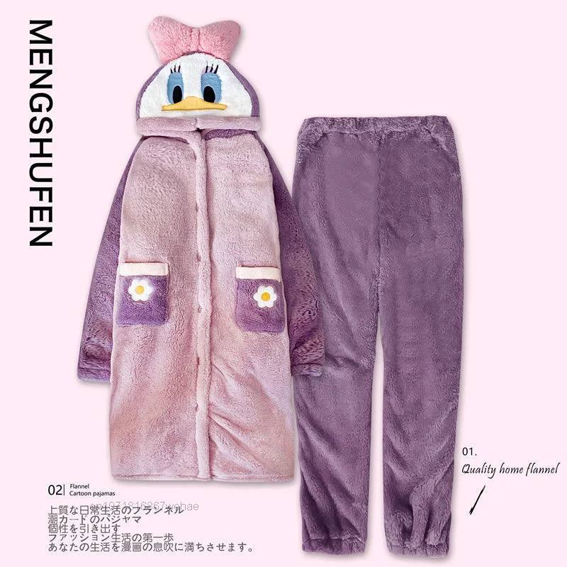 Disney Daisy & Donald Duck Winter Plush Pjs Y2k Winnie Warm Coral Velvet Nightwear Couple Thickened Bathrobe Hooded Pyjamas Suit