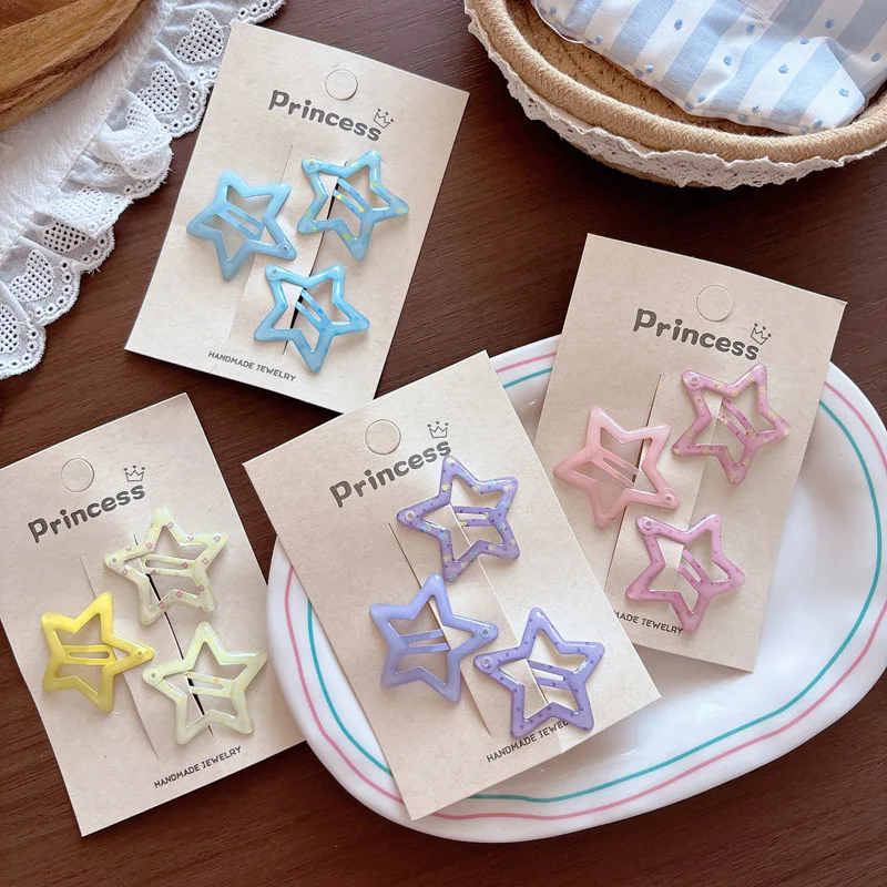 3pcs/set Sweet Macaron Color Enamel Star Hollow Side Snap Hair Clips for Girls INS Korean Fashion Cute Kids Baby Hair Accessory