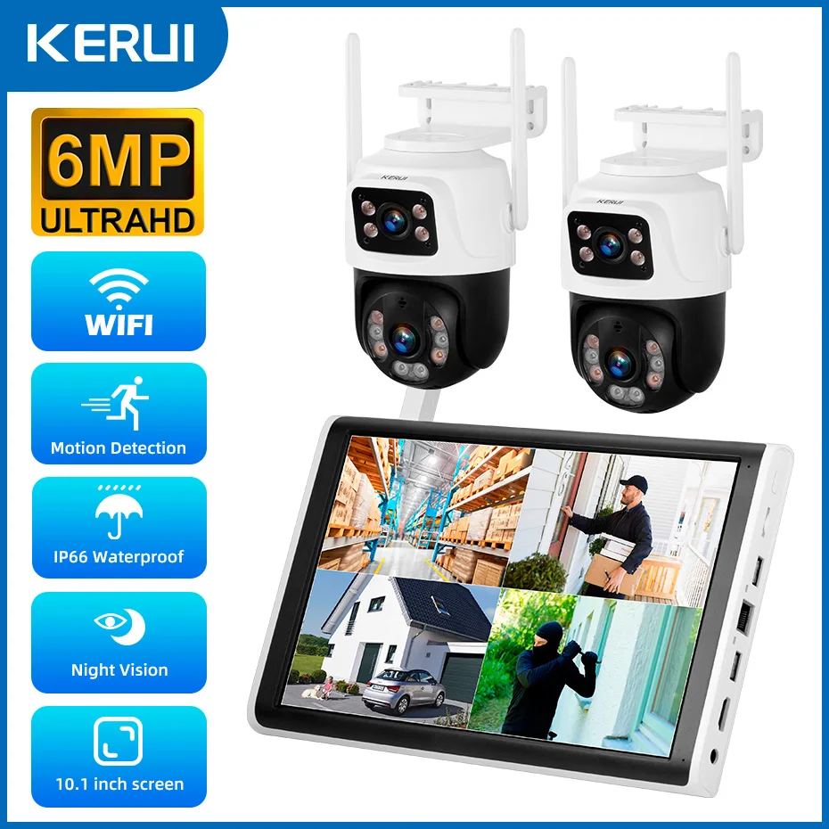KERUI 8CH Draadloze 10.1 inch LCD Monitor NVR Kit 6MP WIFI IP Dual Lens Home Security Camera Systeem Surveillance Video recorder